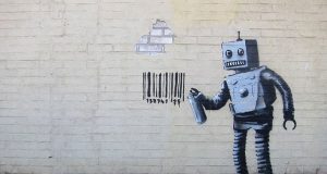 drawing of robot doing graffiti